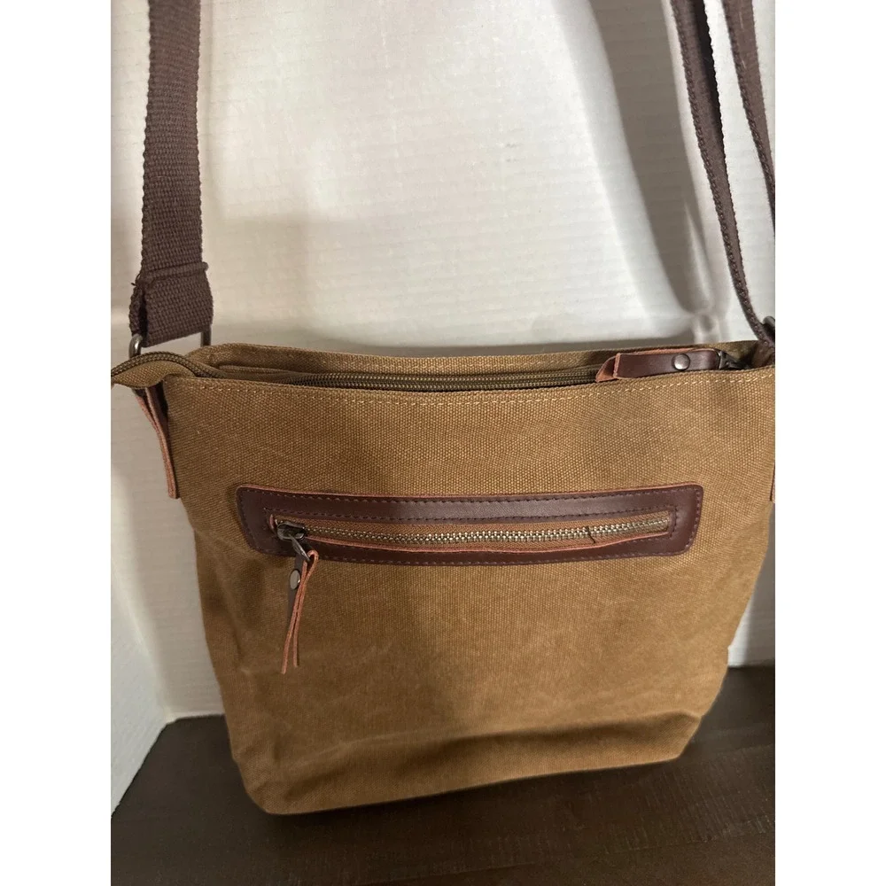 Zebella Khaki Canvas Messenger Bag Brown Faux Leather Crossbody Satchel Utility
